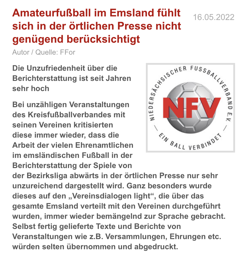 Read more about the article Unzufriedenheit über die Berichtserstattung im Amateurfußball